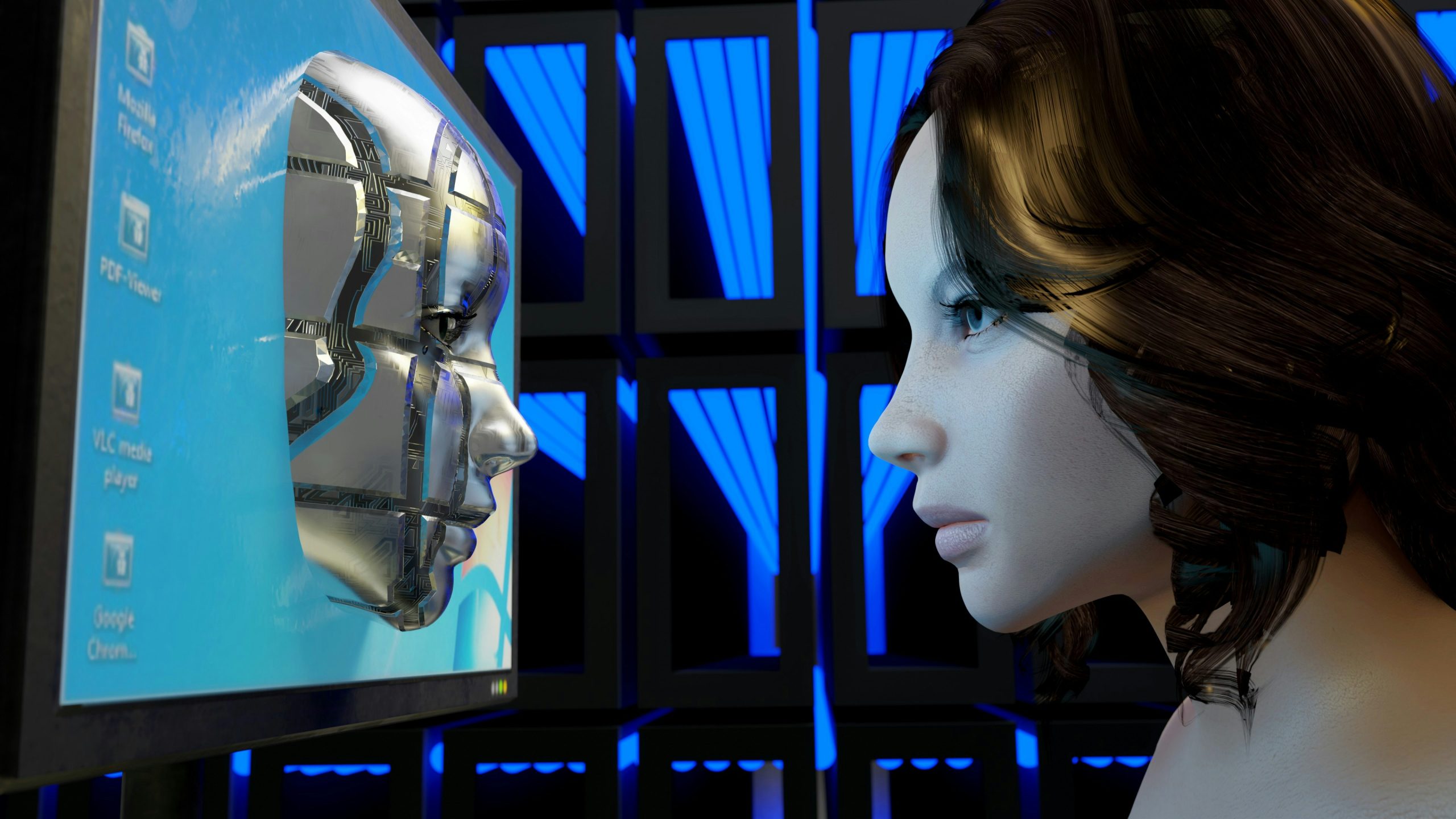 Une femme regarde un visage de robot humanoïde sortant d'un écran